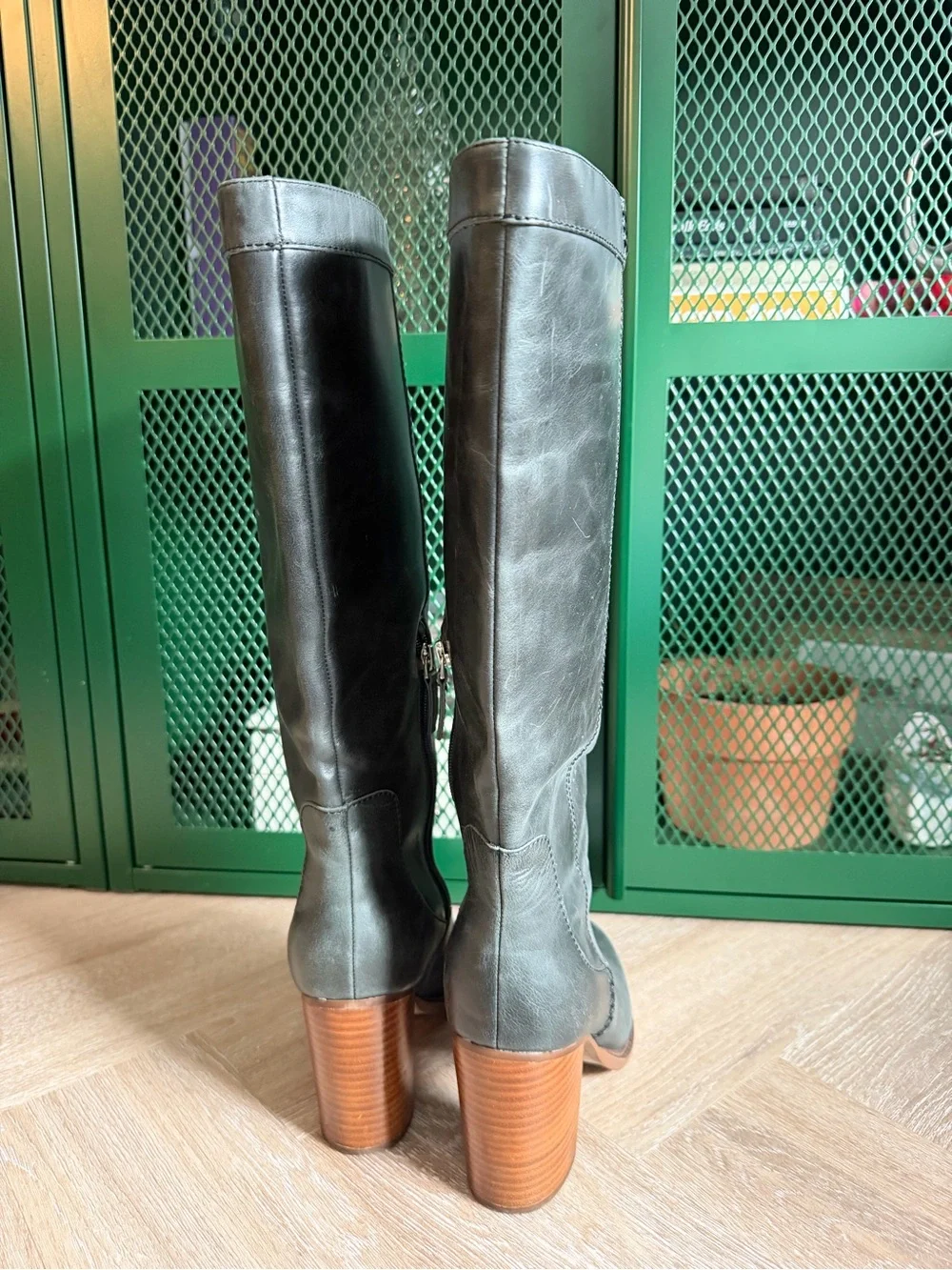 Tall Leather Knee-High Boots in Gray